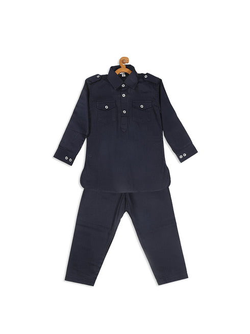 Sishu Boy's Blue Pure Cotton Pathani Kurta With Pyjama Set