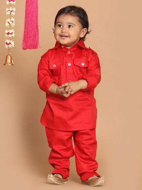 Sishu Boy's Red Pure Cotton Pathani Styl Kurta With Pyjama Set