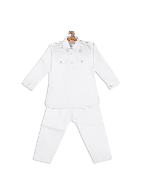 Boy's White Pure Pathani Kurta With Pyjama Set