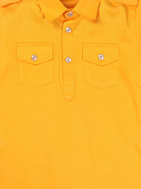 Sishu Boy's Yellow Pure Cotton Pathani Kurta With Pyjama Set