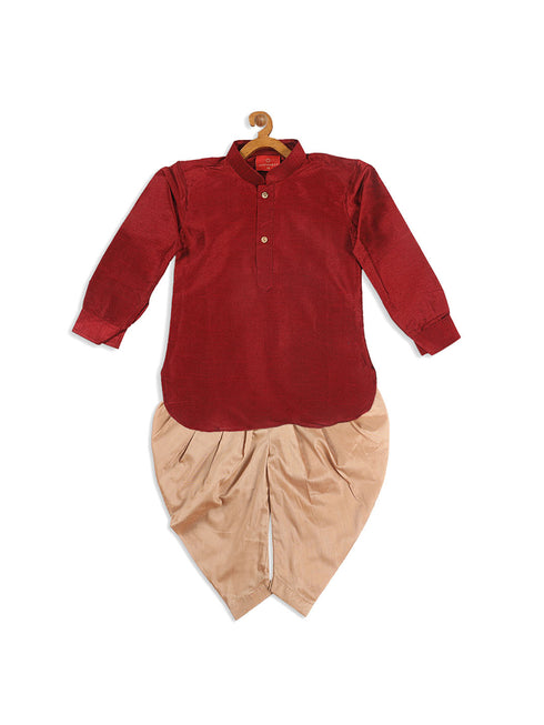 Boy's Maroon Kurta With Gold Dhoti Pant Set