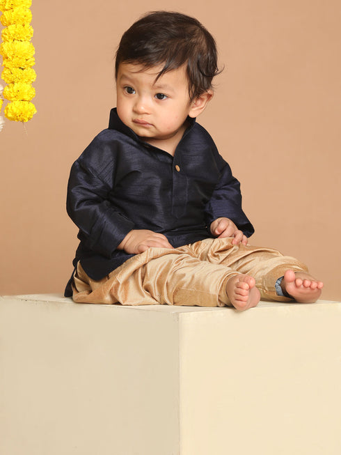 Sishu Boy's Navy Blue Kurta And Rose Gold Dhoti Set