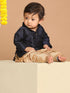 Sishu Boy's Navy Blue Kurta And Rose Gold Dhoti Set