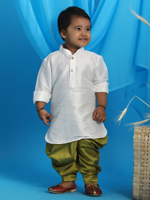 Boy's White & Light Green Kurta With Dhoti Pant Set