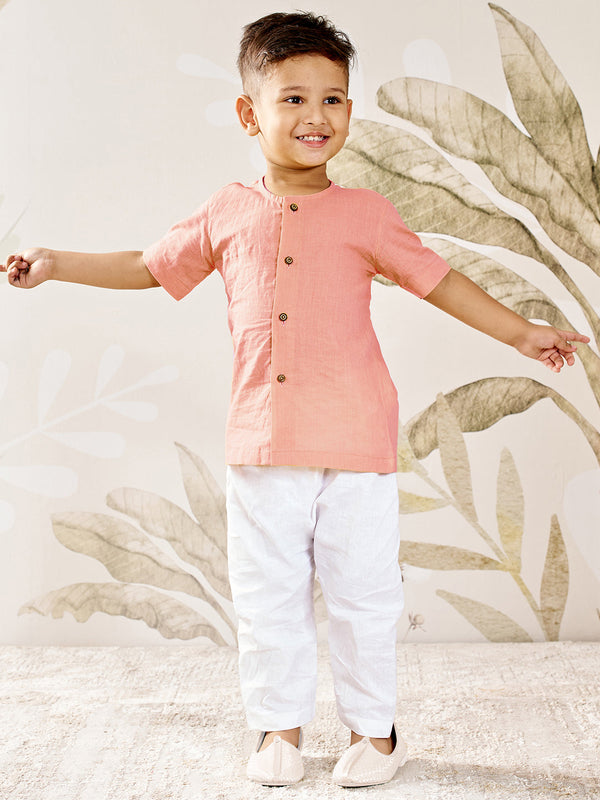 Boy's Peach Cotton Kurta Pyjama Set
