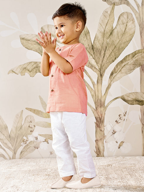 Boy's Peach Cotton Kurta Pyjama Set