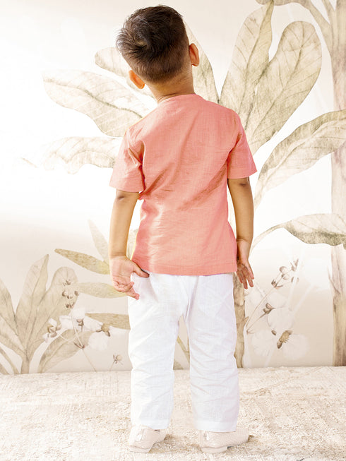 Boy's Peach Cotton Kurta Pyjama Set