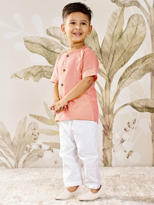 Boy's Peach Cotton Kurta Pyjama Set