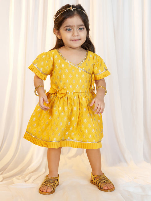 Girls Mustard Viscose Jacquard Dress Set with Floral Pattern