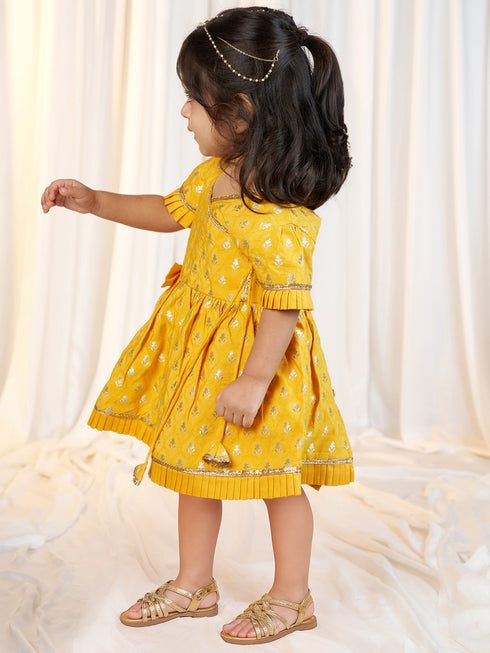 Girls Mustard Viscose Jacquard Dress Set with Floral Pattern