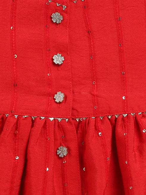 Girl's Red Cotton Flock And Dhoti Set