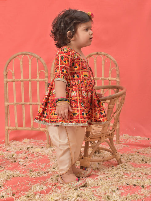 Girl's Red Angrakha Style Patola Print Kurta Dhoti Set