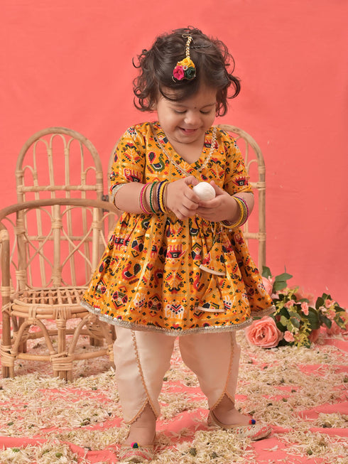 Girl's Yellow Angrakha Style Patola Print Kurta Dhoti Set