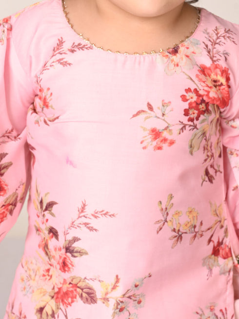 Sishu Girl's Pink Floral Print Kurta Pyjama Set