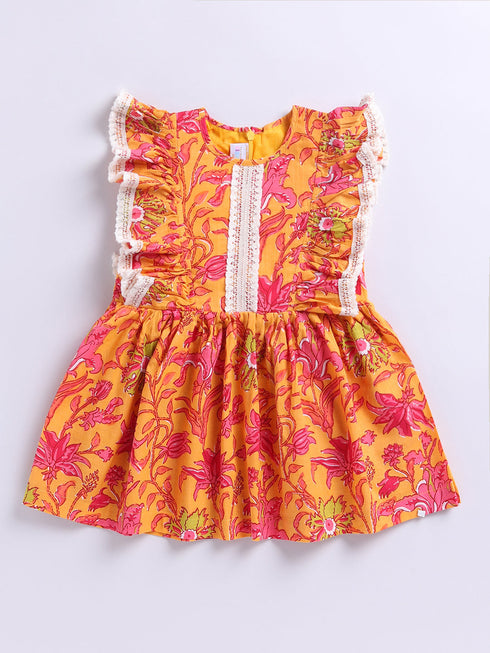 Mustard Floral Cotton Dress For Girl's