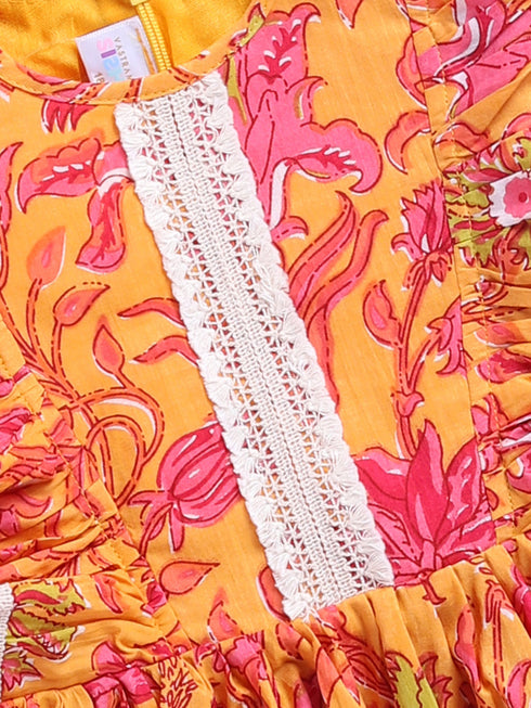 Mustard Floral Cotton Dress For Girl's