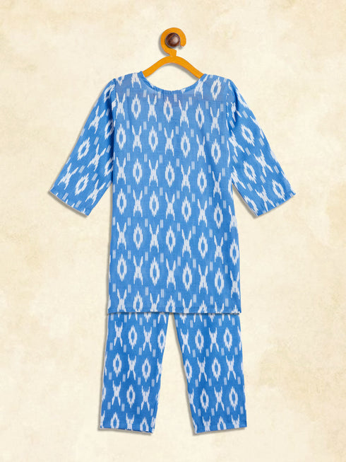 Sishu Girl's' Aqua Blue Ikkat Print Kurta Pant Set