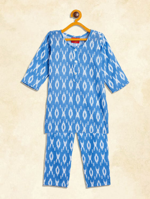 Sishu Girl's' Aqua Blue Ikkat Print Kurta Pant Set