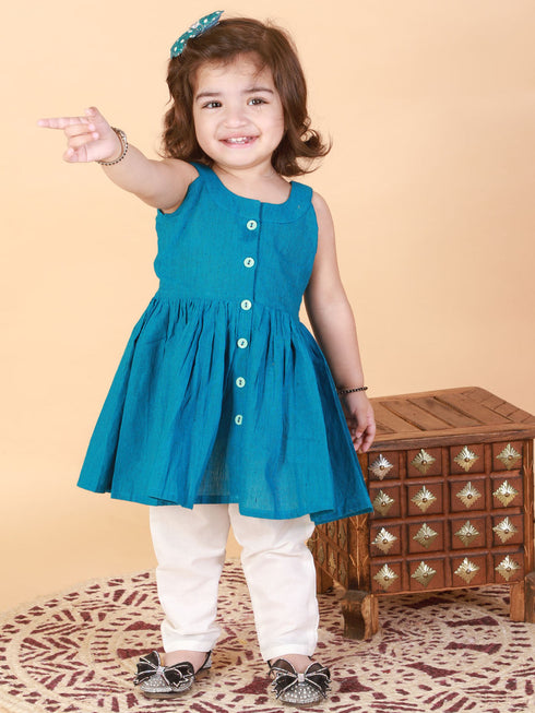 Sishu Girl's Aqua Striped Handloom Kurta With Cream Pyjama Set