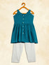 Sishu Girl's Aqua Striped Handloom Kurta With Cream Pyjama Set