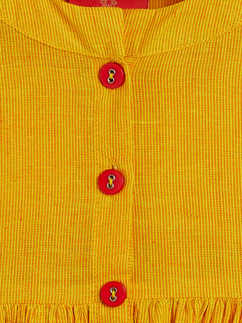 Girl's Mustard Striped Handloom Kurta With Cream Pyjama Set