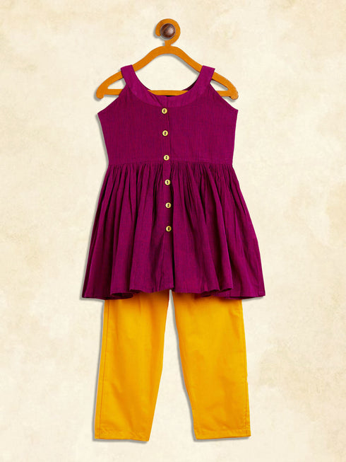 Sishu Girl's Purple Striped Handloom Kurta With Yellow Pyjama Set