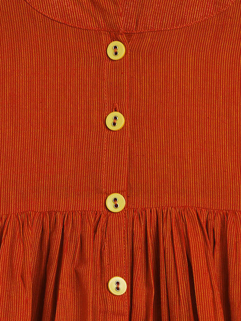 Sishu Girl's Red Striped Handloom Kurta With Yellow Pyjama Set