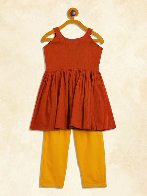Sishu Girl's Red Striped Handloom Kurta With Yellow Pyjama Set