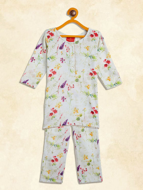 Sishu Girl's Multicolor-Base Cream Kurta Pant Set