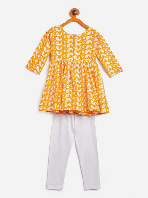 Sishu Girl's Orange Chikankari Kurta Leggings Set