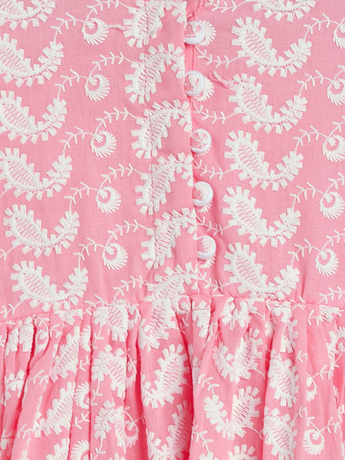 Sishu Girl's Pink And White Chikankari Kurta Leggings Set