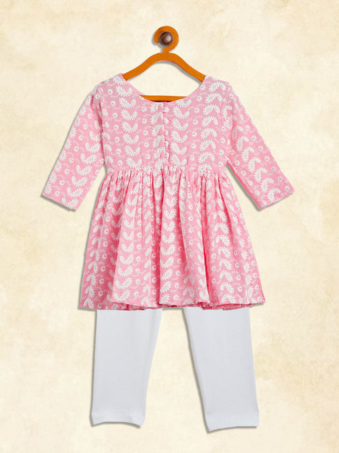 Sishu Girl's Pink And White Chikankari Kurta Leggings Set