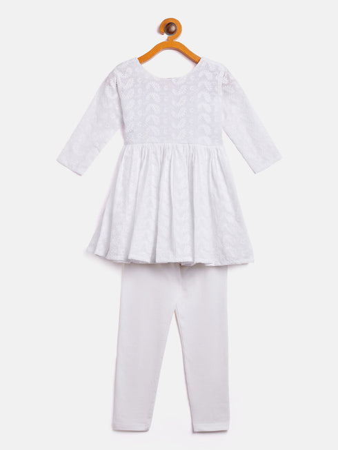 Sishu Girl's White Chikankari Kurta Leggings Set