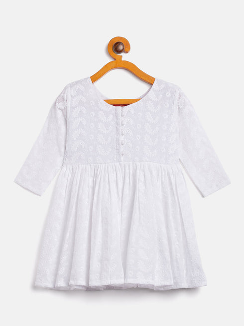 Sishu Girl's White Chikankari Kurta Leggings Set