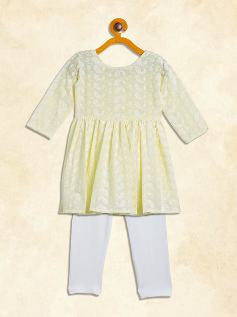 Sishu Girl's Yellow And White Chikankari Kurta Leggings Set