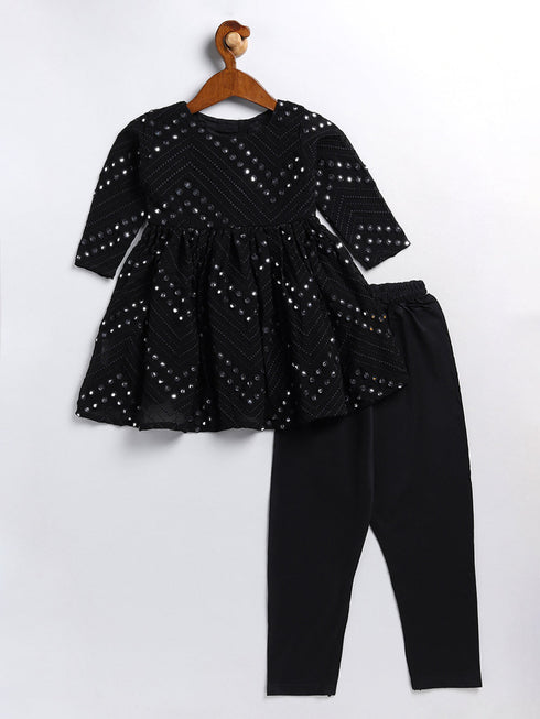 Sishu Girl's Black Mirror Kurta Pyjama Set