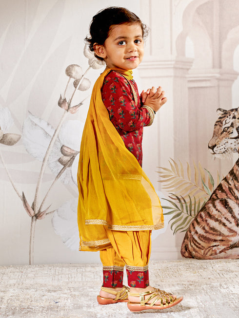 Girl's Red Floral Kurta Patiala Set With Dupatta