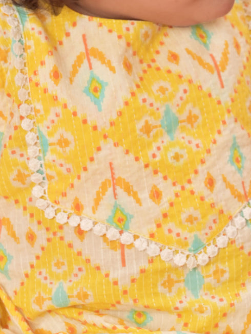 Girl's Yellow Ikaat Print A-Line Kurta Pyjama Set