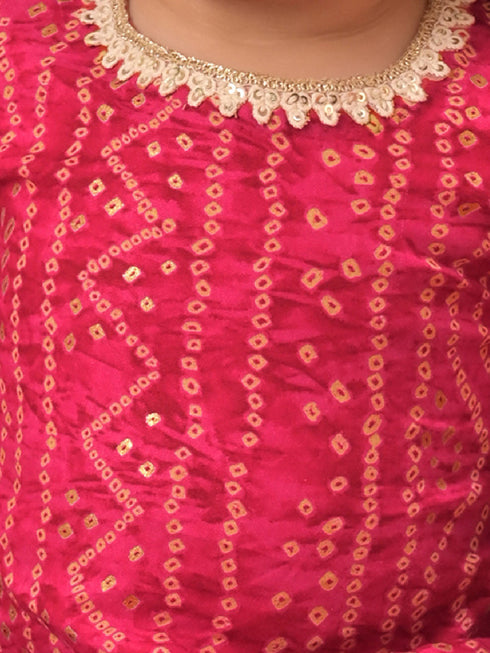 Girl's Pink Bandhni Print Kurta And Patiala Set