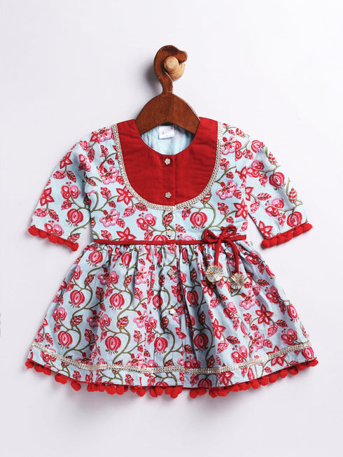 Girl's' Aqua Base Red Kurta And Pant Set