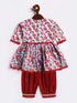 Girl's' Aqua Base Red Kurta And Pant Set