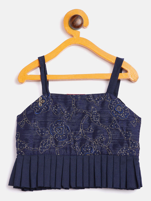 Sishu Girl's Navy Blue Draped Skirt With Crop Top