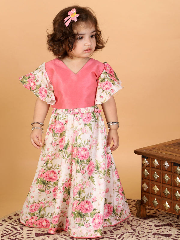 Sishu Girl's Pink Printed Skirt And Ruffle Sleeves Crop Top Set