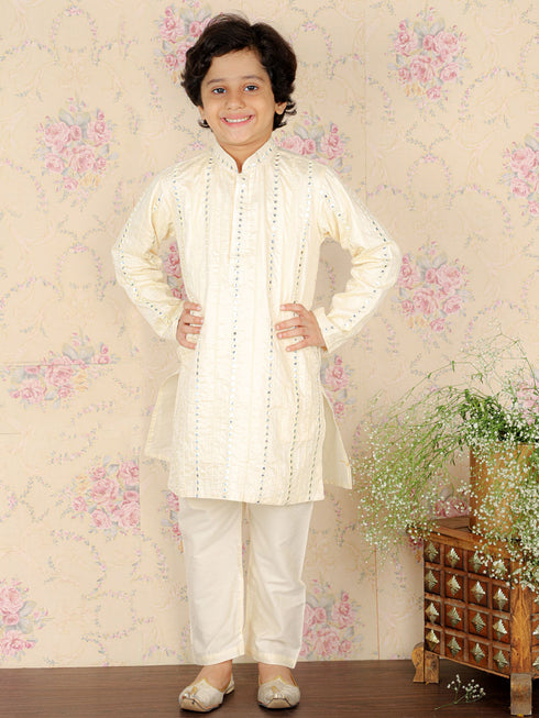 Boy's Cream Embroidered Vertical Mirror Work Kurta With Pyjama Set