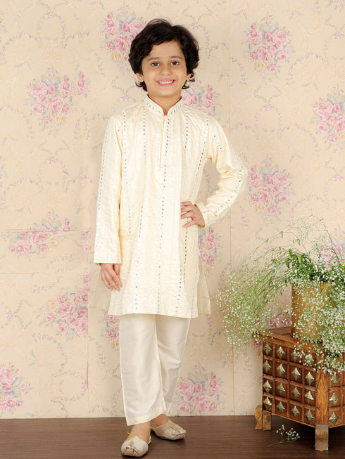 Boy's Cream Embroidered Vertical Mirror Work Kurta With Pyjama Set