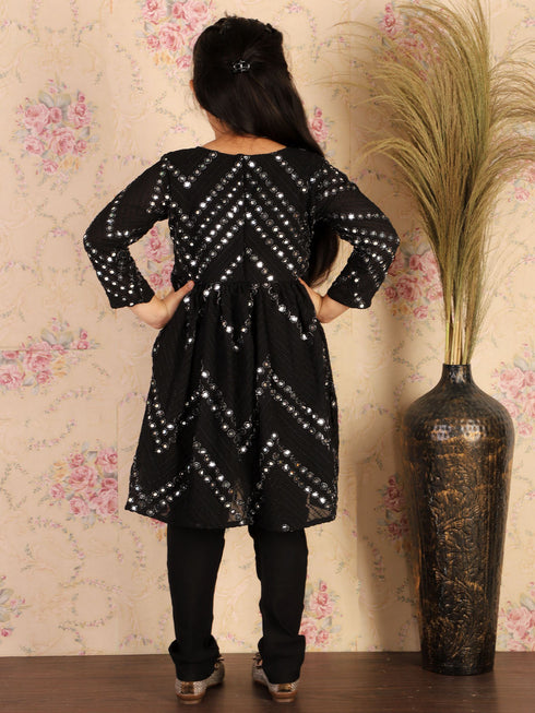 Girl's Black Mirror Kurta Pyjama Set
