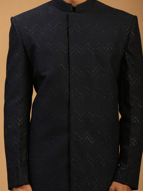 Men's Black Glitter Indo Sherwani With Kurta Pant Set