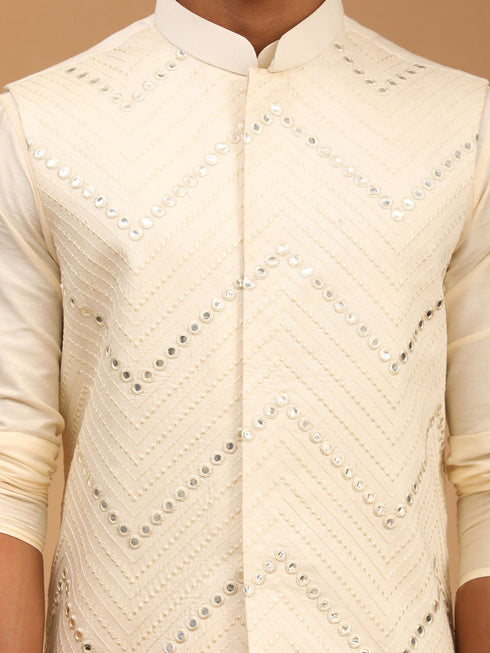 Men's Cream Mirror Jacket With Kurta Pyjama Set