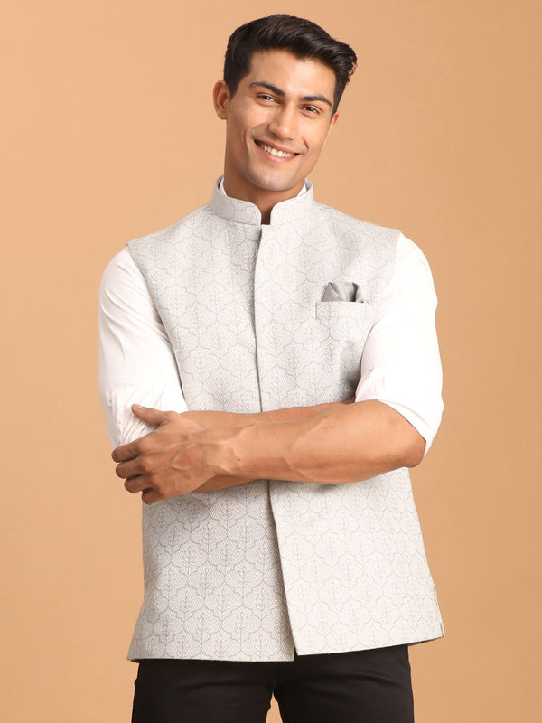 Men's Grey Jacquard Silk Blend Printed Jacket