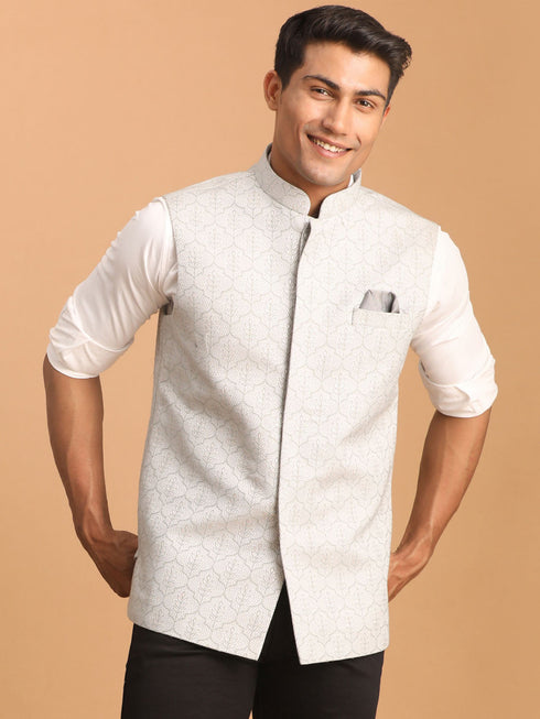 Men's Grey Jacquard Silk Blend Printed Jacket